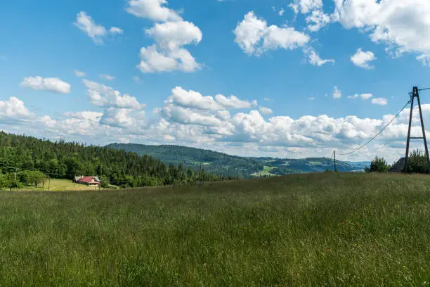 View from Stecowka in Beskid Slaski mountains in Poland during beautiful springtime day