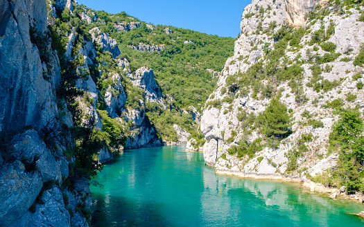 Gorges Du Verdon lake of Sainte Croix, Provence, France, Provence Alpes Cote d Azur, turquoise lake with boats in France Provence