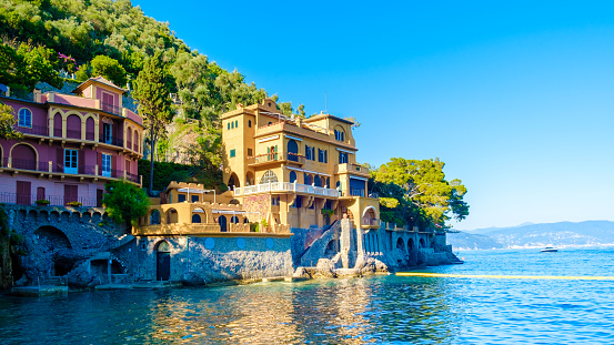Beautiful sea coast with colorful houses in Portofino, Italy Europe Portofino in Liguria, Italy. Genoa Italy during a vacation in the summer