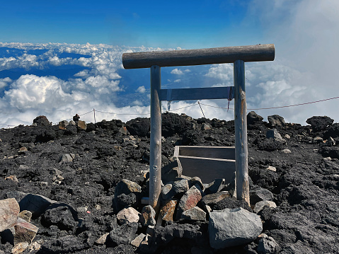 Mount Fuji, Shizuoka Prefecture, Japan - August 22, 2023: Torii Gate at Mount Fuji Summit Views, Gotemba Trail