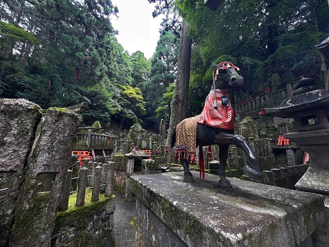 Kyoto, Japan - August 9, 2023: Fushimi Inari Taisha Temple Gate and statues in forest