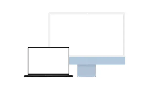 Vector illustration of Modern PC Mockups With Blank Screens: Blue Monitor And Black Laptop