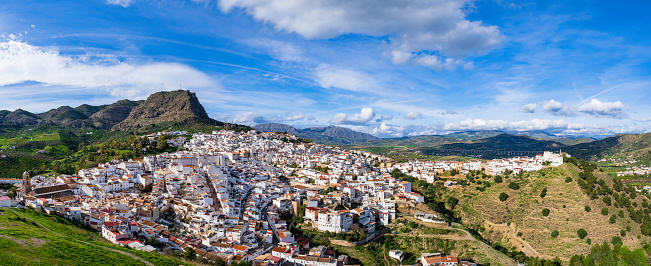 View towards Álora, an Andalusian whitewashed town with the ruins of a castle perched on a rocky spur (7 shots stitched)