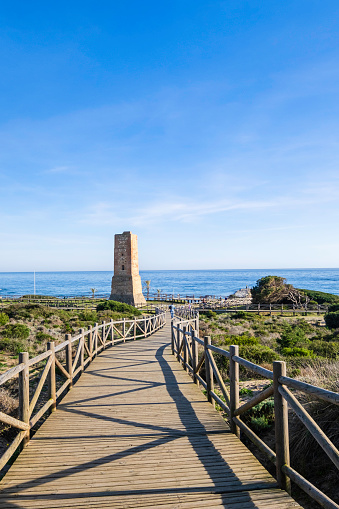 Los Ladrones Tower, an ancient military structure used by Moors and Christians, located by the natural monument of the Dunas de Artola, a bank of dunes in the heart of the Costa del Sol