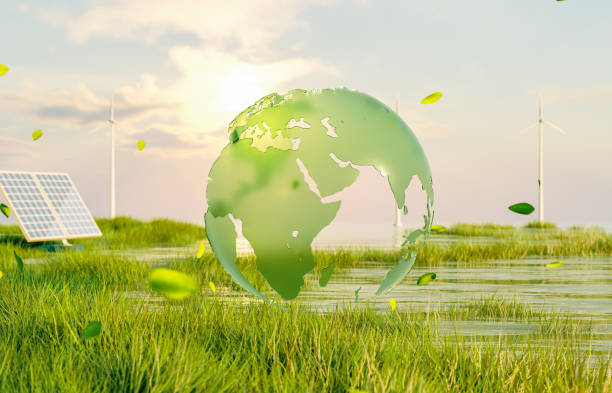 istock Crystal green globe and green leaves on water with solar panel and turbines background. environment concept. 3d rendering. 2072780220