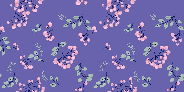 Abstract branches of berries with leaves scattered randomly in a seamless violet pattern. Vector drawn hand. Stylized juniper, boxwood, viburnum, barberry printing. Template for designs