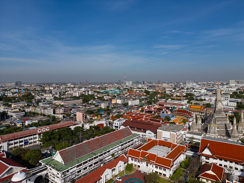 Aerial view Pagoda at Wat Arun or Temple of dawn a tourist landmark near Chao Phra Ya river in Bangkok Thailand.