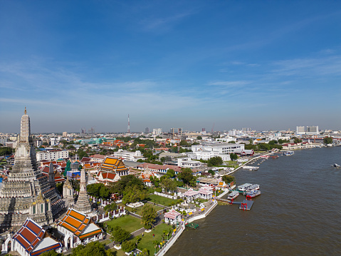 Aerial view Pagoda at Wat Arun or Temple of dawn a tourist landmark near Chao Phra Ya river in Bangkok Thailand.