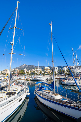 Boats moored at the Marina of Marbella, one of the main tourist destinations in the Costa del Sol
