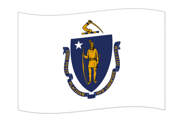 illustrations, cliparts, dessins animés et icônes de waving flag of the massachusetts state. vector illustration. - massachusetts flag state insignia