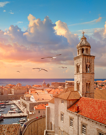 Croatian town Dubrovnik with the port and Dominican monastery