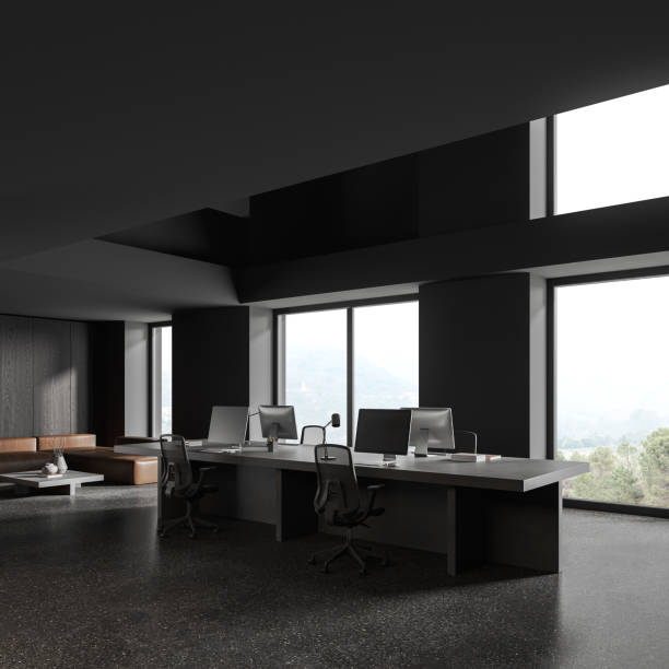 istock Corner view of dark office room interior with coworking and chill zone, window 2072822721