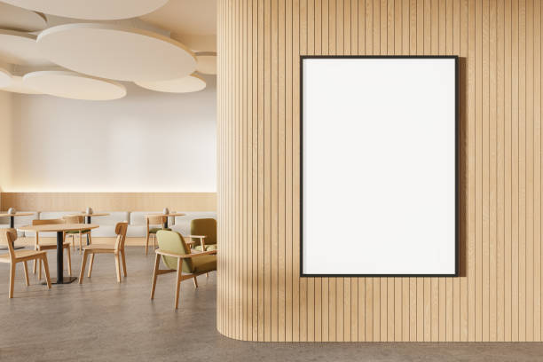 Modern cafe interior with chairs and table, dining area with sofa. Mockup frame