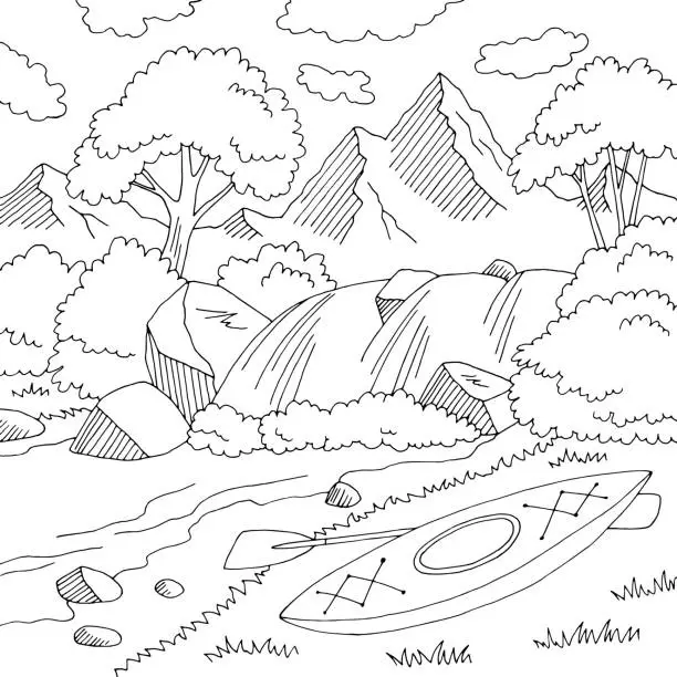 Vector illustration of Kayak boat near river graphic black white landscape sketch illustration vector