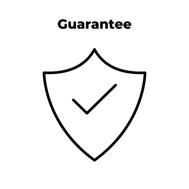 Vector illustration of Guarantee. Outline shield with check mark thin line icon on white. Isolated symbol, used for: illustration, template, logo, mobile, app, element, emblem, design, web, site, ui, ux. Vector EPS 10.