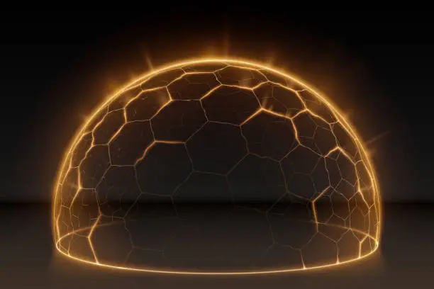 Vector illustration of Golden light hexagonal protection sphere on black background