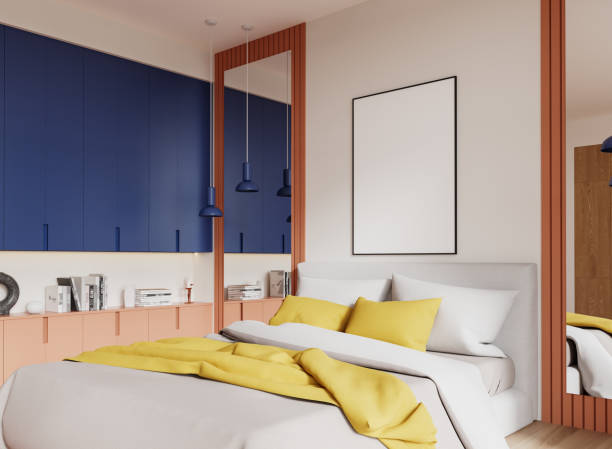 istock Colored home bedroom interior with bed, drawer with decoration. Mock up frame 2072831670