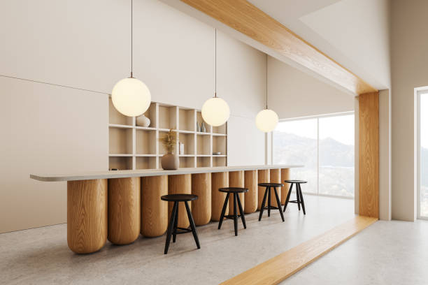 istock Elegant cafe interior with bar island, shelf and panoramic window 2072832202