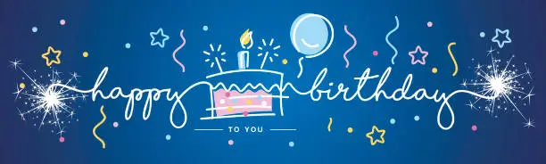 Vector illustration of Happy Birthday handwritten trendy typography calligraphy blue greeting card with colorful big cake, sprinklers, firework, candle, balloon and confetti