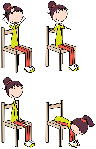 Cartoon vector illustration of a girl exercising - touching head, shoulders, knees and toes sitting on a chair