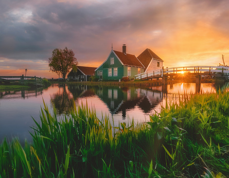 At sunrise, the iconic Zaanse Schans village near Amsterdam, Netherlands, bathes in golden light, casting a sun flare over the traditional wooden green house perched atop the bridge against river and green meadow.
