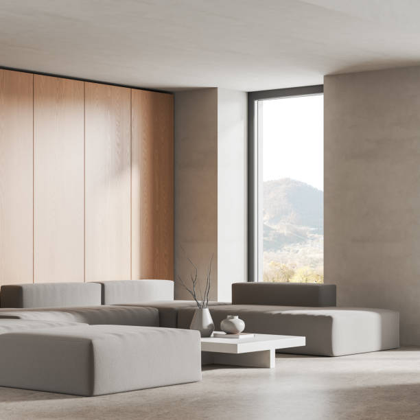 istock Stylish home living room interior with relax corner and panoramic window 2072839559