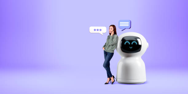 istock Woman call on smartphone, standing near robot on copy space empty background 2072840095