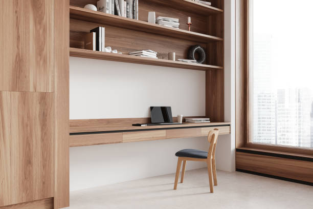istock Home interior with work zone, table and armchair near panoramic window 2072841114