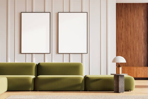 istock Stylish home living room interior couch and decoration, mockup frames 2072841122