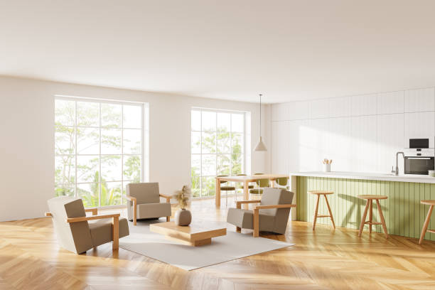 istock Modern home studio interior with chill place and bar counter, panoramic window 2072844309