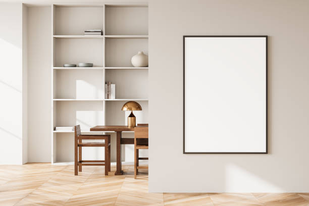 istock Light home living room interior with dining table and shelf, mockup frame 2072845348