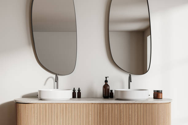 istock Modern hotel bathroom interior with double sink and accessories on vanity 2072846432