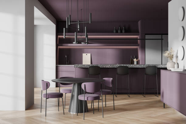 istock Colored home kitchen interior with bar island and eating table, decoration 2072848044