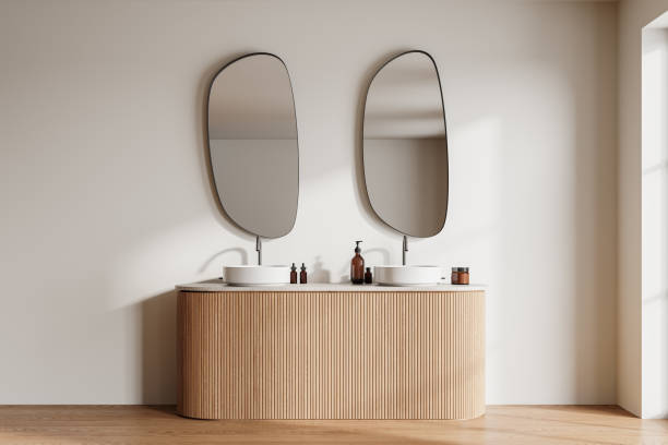 istock Stylish hotel bathroom interior with double sink and accessories on vanity 2072853792