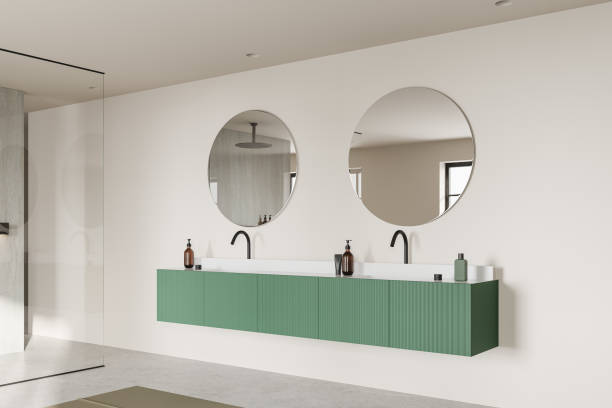 istock Modern home bathroom interior with double sink and accessories, glass shower 2072854314