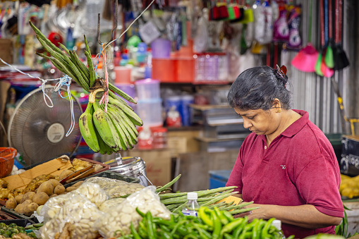 Chow Kit market, Kuala Lumpur, Malaysia - January 10th 2024:  Female greengrocer at a quiet moment in her stall at the central food market in the center of Kuala Lumpur