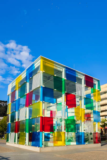 Mala, Spain – December 25, 2020: Centre Pompidou Malaga, The Centre Pompidou, The cube, Pop up museum, Malaga, Andalusia, Spain.