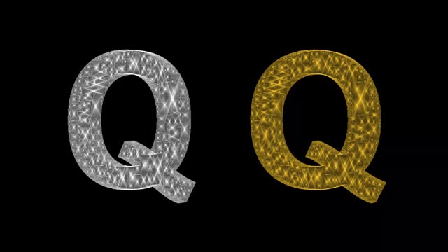 Spinning silver and golden 3d English alphabet Q on plain black background