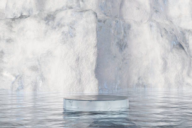 istock Abstact 3d render winter scene and Natural background, Ice podium floats on the water surface, Backdrop iceberg for product display, advertising, mockup or etc 2072910948