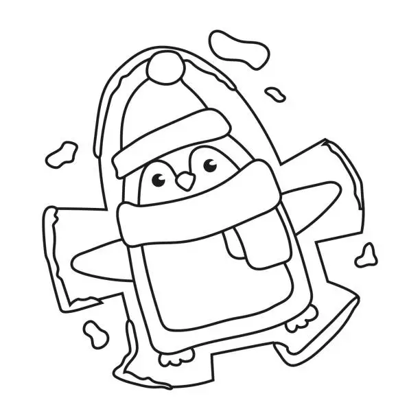 Vector illustration of Cute line drawn penguin making a snow angel. Animal for coloring pages. Christmas themed colouring book. Funny winter character.