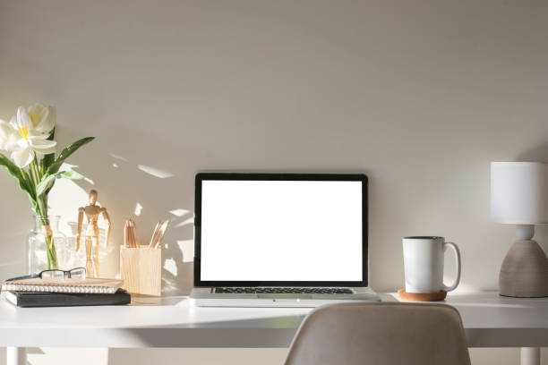 istock Front view laptop with blank screen, houseplant, coffee cup and office supplies on white table. 2072919030
