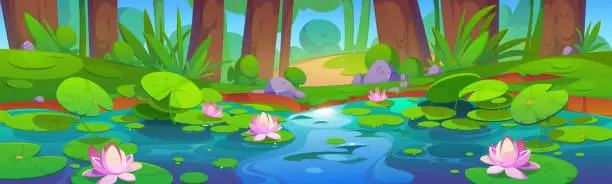 Vector illustration of Forest landscape with water lilies on lake surface