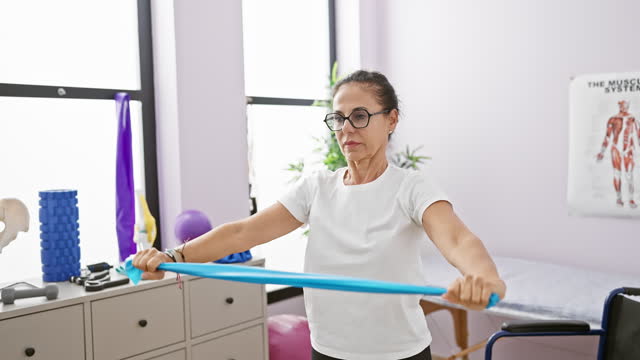 Mature woman exercises with resistance band in physical therapy clinic