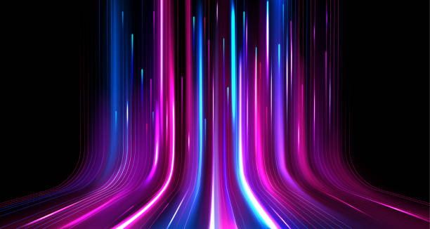 Neon light speed effect Neon light speed effect. Vector realistic illustration of blue, pink, white lines moving upward on black background, modern data transmission technology, fiber optic network, wireless communication vitality stock illustrations