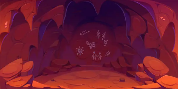 Vector illustration of Prehistoric cave with drawings on wall