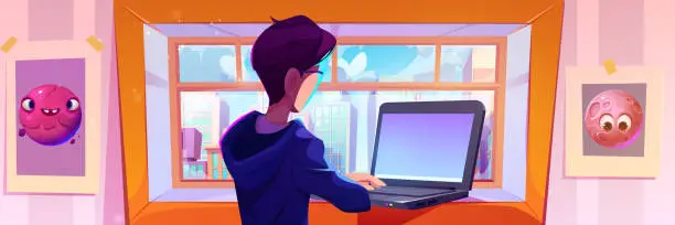 Vector illustration of Young man working on laptop near window