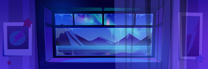 Night mountain lake view from chalet window. Vector cartoon illustration of colorful aurora borealis lights in dark starry sky seen from house, transparent curtain in room with pictures on wall