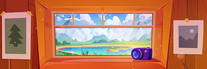 Mountain lake view from chalet window. Vector cartoon illustration of camera on windowsill, scenery photos on wall, beautiful summer nature outside building, river water, clouds above rocky peaks