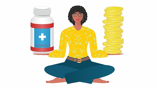 Woman with money and medicine pills. Economy treatment and pharmacy business. Isolated.