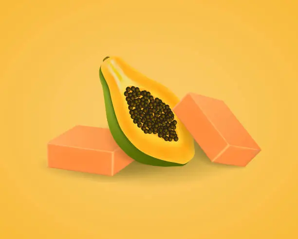 Vector illustration of Background with half a papaya and pieces of natural papaya soap.